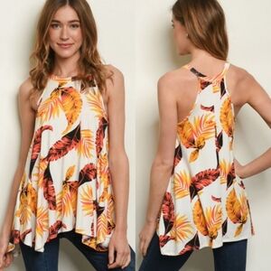 White Orange Mix Tropical Leaf Flowy Racerback Tank Top Size Small